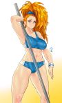  1girl abs armpits bandaid bandaid_on_face big_hair blue_bra blue_eyes blue_scrunchie blue_shorts bra cameltoe captain_mizuki commentary_request earrings forehead frown hair_pulled_back hand_behind_head high_ponytail jewelry long_hair muscle muscular_female one-punch_man orange_hair pole pole_vault scrunchie short_shorts shorts signature solo sports_bra standing thick_thighs thighs underwear wristband zcune 