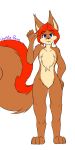  1:2 2020 4_toes :3 alpha_channel anthro barefoot biped black_nose blue_eyes brown_body brown_fur chest_tuft countershade_face countershade_torso countershading digital_media_(artwork) ease fluffy fluffy_tail fur gesture hair hi_res humanoid_hands looking_at_viewer mammal multicolored_body multicolored_fur pinup pose red_hair rodent sciurid signature simple_background solo standing toes tree_squirrel tuft waving wide_hips wolfie-pawz 