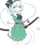  1girl ascot black_hairband closed_mouth collared_shirt commentary_request green_ascot green_eyes green_vest grey_hair hairband hitodama hitodama_print katana konpaku_youmu konpaku_youmu_(ghost) multiple_swords s-a-murai sheath sheathed shirt short_sleeves simple_background skirt skirt_set solo sword touhou vest weapon white_background white_shirt 