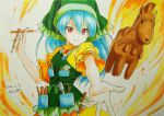  1girl apron beluo77 blue_hair chisel colored_pencil_(medium) dress eyebrows_visible_through_hair frills graphite_(medium) green_apron green_headwear green_hood haniwa_(statue) haniyasushin_keiki head_scarf long_hair magatama magatama_necklace marker_(medium) short_sleeves tools touhou traditional_media wood_carving_tool yellow_dress 