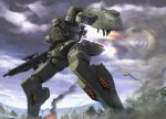  bullet_hole cloud cloudy_sky copyright_request day explosion glowing glowing_eyes gun holding holding_gun holding_weapon itou_(onsoku_tassha) jet_engine mecha no_humans outdoors shield sky smoke solo standing weapon 