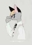  :&lt; animal_crossing anthro blonde_hair clothed clothing domestic_cat eyewear felid feline felis fur glasses grey_body grey_fur hair hi_res mammal mucknagabe necktie nintendo portrait signature simple_background solo video_games 