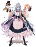  1girl :o absurdly_long_hair absurdres ammunition_belt apron assault_rifle bag black_footwear blue_hair bullpup button_eyes commentary_request cookie cookie_(ppyf5328) doll food full_moon gun hair_ornament hairclip hat high_heels highres long_hair looking_at_viewer m4_carbine maid maid_headdress moon neck_ribbon original p90 pink_eyes plastic_bag ponytail red_neckwear red_ribbon ribbon rifle shadow sidelocks standing submachine_gun top_hat very_long_hair weapon weapon_request white_background 
