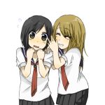  2girls black_hair blonde_hair blush chibi couple flustered girl_friends_(manga) happy kumakura_mariko long_hair lowres multiple_girls oohashi_akiko sayuka school_uniform short_hair simple_background smile surprised uniform white_background yuri 