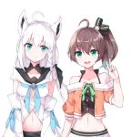  2girls ahoge animal_ears bare_shoulders black_shorts blue_eyes bow braid breasts brown_hair closed_mouth collarbone cowboy_shot crop_top detached_sleeves eyebrows_visible_through_hair fox_ears green_eyes hair_bow hair_ribbon hololive lava_(25486006) long_hair looking_at_viewer medium_breasts medium_hair midriff miniskirt multiple_girls natsuiro_matsuri navel off-shoulder_shirt off_shoulder open_mouth ribbon shirakami_fubuki shirt short_sleeves shorts side-by-side side_braid side_ponytail simple_background skirt sleeves_past_fingers sleeves_past_wrists small_breasts smile v virtual_youtuber white_background white_hair wide_sleeves 