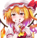  1girl ascot bangs blonde_hair blush bow collared_shirt commentary_request crystal eyebrows_visible_through_hair flandre_scarlet frilled_shirt_collar frills gradient_hair hair_between_eyes hands_up hat hat_bow licking_lips long_hair looking_at_viewer mob_cap multicolored_hair nail_polish nichika_(nitikapo) one_side_up purple_hair red_bow red_eyes red_nails red_vest shirt simple_background solo tongue tongue_out touhou upper_body vest white_background white_headwear white_shirt wings wrist_cuffs yellow_neckwear 
