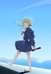  1girl absurdres barefoot blonde_hair blue_sailor_collar blue_shirt blue_skirt blue_sky braid chidawadachi commentary_request contrail diploma fang fujita_kotone full_body gakuen_idolmaster hair_tie highres holding holding_diploma holding_tube idolmaster looking_at_viewer looking_back low_twin_braids mountain neck_ribbon ocean pier pleated_skirt red_ribbon ribbon sailor_collar school_uniform serafuku shadow shirt skirt sky solo standing standing_on_one_leg twin_braids yellow_eyes 