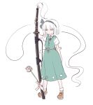  1girl black_hairband brown_shoes collared_shirt commentary_request flower full_body green_skirt green_vest grey_hair hairband hitodama katana konpaku_youmu konpaku_youmu_(ghost) pink_flower s-a-murai sheath sheathed shirt shoes short_sleeves simple_background skirt skirt_set socks solo sword touhou vest weapon white_background white_shirt white_socks 