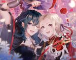  2girls arm_up blonde_hair blue_eyes blurry blurry_background breasts capelet chinese_commentary cleavage commentary_request couple detached_collar edelgard_von_hresvelg female_byleth_(fire_emblem) fire_emblem fire_emblem:_three_houses flower garreg_mach_monastery_uniform gloves green_hair hair_ornament hair_ribbon happy heads_together highres holding leaning_to_the_side long_hair long_sleeves multiple_girls one_eye_closed open_mouth parted_bangs pillar purple_background purple_eyes purple_ribbon reaching reaching_towards_viewer red_capelet red_flower red_rose ribbon rose smile standing upper_body wavy_hair white_gloves wisteria yanyibeishang624 yuri 