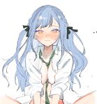  1girl bang_dream! bang_dream!_it's_mygo!!!!! between_breasts blue_hair blush breasts closed_mouth commentary_request diagonal-striped_clothes diagonal-striped_necktie green_necktie haneoka_school_uniform implied_sex long_hair necktie necktie_between_breasts nipples open_clothes open_shirt orange_eyes school_uniform shirt sidelocks simple_background solo striped_clothes sweat togawa_sakiko tpt3p two_side_up white_background white_shirt 