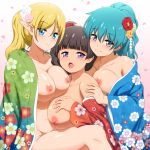  3girls alternate_hairstyle anime_coloring aqua_hair black_eyes blonde_hair blue_eyes blush breast_press breasts brown_hair capitan_(tsyoujo) cleavage collarbone elf floral_print flower girl_sandwich hair_flower hair_ornament highres japanese_clothes kimono large_breasts long_hair looking_at_viewer multiple_girls naked_kimono new_year nipples no_bra no_panties open_clothes open_kimono open_mouth original parted_lips petals pointy_ears ponytail purple_eyes sandwiched sitting 