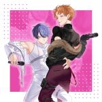  2boys aoyagi_touya black_gloves black_shirt blue_eyes blue_hair closed_mouth commentary competitive_fire!_(project_sekai) curtained_hair earrings eyes_visible_through_hair funatsu_c fur_trim glint gloves green_eyes hand_around_waist high_collar highres holding holding_microphone jacket jewelry layered_clothes layered_sleeves long_sleeves looking_at_viewer male_focus microphone mole mole_under_eye multicolored_hair multiple_boys necklace official_alternate_costume official_alternate_hairstyle open_clothes open_jacket orange_hair over_rad_squad!!_(project_sekai) pants parted_bangs pocket project_sekai ribbed_shirt shinonome_akito shirt short_hair short_sleeves sleeveless split_mouth thigh_strap tongue tongue_out two-tone_hair white_pants yaoi 