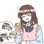  4girls :d ^^^ ^_^ animification black_bow black_bowtie black_hair blonde_hair blue_shirt bow bowtie brown_hair cellphone closed_eyes collared_shirt commentary_request crying gavel hanamiya_nina holding holding_gavel holding_mallet holding_phone kan_kanna long_sleeves mallet multiple_girls nirei_nozomi notice_lines o3o open_mouth peanut_mouth phone pink_sweater_vest potatopenggu puckered_lips real_life shirt simple_background smartphone smile sweater_vest tsukine_kona voice_actor white_background 