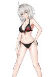  1girl absurdres ahoge bangs bare_shoulders bikini black_bikini breasts cleavage collarbone commentary_request eyebrows_visible_through_hair fate/grand_order fate_(series) grey_hair grin highres jeanne_d&#039;arc_(alter_swimsuit_berserker) jeanne_d&#039;arc_(fate)_(all) kinyoubi_no_nangong_da large_breasts long_hair looking_at_viewer navel simple_background smile solo swimsuit white_background yellow_eyes 
