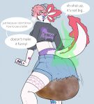  anthro babysp00ks band-aid bandage biped clothing dialogue diaper english_text feces hi_res humanoid_hands looking_at_viewer messy_diaper rear_view scat soiling solo speech_bubble stink_lines text torn_clothing 