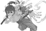  1girl arm_cannon bangs breasts cannon closed_mouth commentary_request cyborg fingernails frown greyscale hakama holding holding_sword holding_weapon itou_(onsoku_tassha) japanese_clothes katana large_breasts leg_up looking_at_viewer mechanical_arm mechanical_parts miko miko_(itou) monochrome original outstretched_arm over_shoulder parts_exposed ponytail powering_up scabbard serious sheath simple_background solo sword torn_clothes unsheathed weapon weapon_over_shoulder white_background 