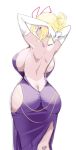  1girl absurdres arms_behind_head ass back backboob backless_dress backless_outfit bare_shoulders blonde_hair breasts butt_crack clothing_cutout commentary dress elbow_gloves from_behind gloves hair_ribbon highres huge_ass huge_breasts looking_back ponytail purple_dress purple_eyes raptor7 red_ribbon ribbon side_cutout simple_background sketch sleeveless sleeveless_dress smile solo touhou untranslatable_commentary white_gloves yakumo_yukari 