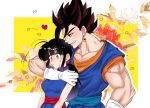  1boy 1girl :/ alternate_color alternate_eye_color arm_around_shoulder arms_at_sides bangs bare_arms bare_shoulders black_hair blue_dress blue_eyes blunt_bangs breasts chi-chi_(dragon_ball) china_dress chinese_clothes clenched_teeth closed_mouth dougi dragon_ball dragon_ball_(classic) dragon_ball_z dress earrings eyebrows_visible_through_hair floral_background flower gloves grin haebara_zanka half-closed_eyes heart hetero highres jewelry leaf looking_at_another looking_down medium_breasts muscle patterned_background pectorals polka_dot polka_dot_background ponytail potara_earrings profile red_flower red_hair rose shiny shiny_hair sidelocks simple_background sleeveless sleeveless_dress smile square striped striped_background sweatdrop teeth time_paradox twitter_username two-tone_background vegetto white_flower white_gloves white_rose yellow_background 