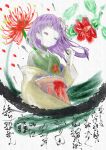  1girl absurdres alternate_hair_length alternate_hairstyle closed_eyes commentary_request flower hieda_no_akyuu highres japanese_clothes kimono long_hair looking_at_viewer miura_(u_cron) multicolored_kimono purple_hair red_flower red_sash sash solo spider_lily touhou 