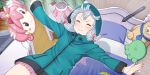  1girl bangs bed bed_sheet blue_hoodie blush bow character_request closed_mouth emphasis_lines eromanga_sensei facing_viewer falling hair_bow hood hood_up hoodie itou_(onsoku_tassha) izumi_sagiri long_sleeves outstretched_arms pillow pink_bow pink_skirt skirt smile solo spread_arms stylus 