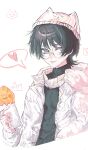  1boy alternate_costume animal_ear_headwear arm_at_side beanie bespectacled black_hair black_shirt blunt_ends casual commentary contemporary cropped_torso food frana20103 genshin_impact glasses grey_eyes hand_up hat heart highres holding holding_food hood hood_down hooded_jacket jacket lapels long_sleeves male_focus open_clothes open_jacket pink_hat pink_hood pink_jacket pink_sleeves rimless_eyewear scaramouche_(genshin_impact) shirt solo spoken_heart taiyaki tongue tongue_out tsurime turtleneck turtleneck_shirt upper_body wagashi white_background wispy_bangs 