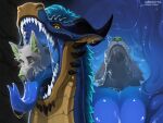anthro blue_body blue_hair bodily_fluids bubble canid canine canis dragon drooling drooling_tongue duo eating fangs feral fin fire flippers fur grey_body grey_fur hair hi_res hoffersanchez horn light_mouth male mammal mouth_shot mythological_creature mythological_scalie mythology open_mouth piercing saliva scales scalie snout spikes swallowing teeth throat tongue tongue_out vore wolf yellow_body yellow_eyes