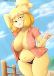  2020 animal_crossing big_breasts breasts canid canine canis domestic_dog female genitals hi_res isabelle_(animal_crossing) looking_at_viewer mammal navel nintendo shih_tzu slightly_chubby solo toy_dog video_games viejillox 
