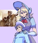  1boy 1girl absurdres animal_ears blonde_hair blue_hat blue_shirt brooch commentary dress elbow_gloves english_commentary gloves grey_dress hat height_difference highres hooded_shirt horse_ears horse_girl jewelry johnny_joestar jojo_no_kimyou_na_bouken looking_at_another looking_down personification purple_background purple_eyes shirt slow_dancer_(jojo) starlinkman steel_ball_run white_gloves 