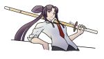  1girl black_hair closed_mouth cropped_legs english_commentary expressionless fate/grand_order fate_(series) hair_bun highres holding holding_sword holding_weapon id_(fate/grand_order) leaning_back long_hair looking_at_viewer necktie official_alternate_costume parted_bangs pink_eyes pseudo-tokyo_school_uniform red_necktie school_uniform shirt signature single_side_bun sleeves_rolled_up solo sword taira_no_kagekiyo_(fate) tigresskasai ushiwakamaru_(fate) weapon white_shirt wooden_sword 