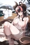  1girl absurdres ahoge aqua_eyes bare_arms bare_legs bare_shoulders barefoot black_hair blush branch breasts broken_horn bucket chakkab character_snowman cleavage closed_mouth collarbone colored_bangs commentary dragon_girl dragon_horns dragon_knight_(dungeon_and_fighter) dungeon_and_fighter english_commentary feet grey_sky hair_between_eyes hair_intakes hand_up highres holding holding_towel horns knees_up knight_(dungeon_and_fighter) large_breasts legs long_hair looking_at_viewer mountainous_horizon multicolored_hair naked_towel onsen outdoors partially_submerged pink_hair pointy_ears rock sideboob sidelocks sky slit_pupils smile snow snowman solo steam thighs toes towel tree very_long_hair water wet wet_towel wooden_bucket 