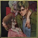  1boy 2girls arm_around_neck beard_stubble black_nails blonde_hair blue_shirt breasts brown_hair collared_shirt colored_tips commentary facial_hair green_jacket hair_bun hand_in_another's_hair hetero highres husband_and_wife iria_arts jacket james_sunderland jewelry kissing_hair maria_(silent_hill) mary_shepherd-sunderland medium_breasts multicolored_hair multiple_girls nail_polish parted_bangs pink_hair pink_jacket pink_sweater ring shirt shirt_under_sweater short_hair silent_hill_(series) silent_hill_2 stubble sweater updo 