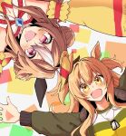  2girls absurdres animal_ears arms_up blush bomber_jacket brown_hair commentary_request copano_rickey_(umamusume) copano_rickey_(yin-yang_bagua_lucky_costume)_(umamusume) detached_sleeves dog_tags double_bun ear_covers fang green_jacket hair_between_eyes hair_bun highres horse_ears horse_girl jacket kichi_tik long_hair long_sleeves looking_at_viewer mayano_top_gun_(scramble_zone)_(umamusume) mayano_top_gun_(umamusume) mismatched_ear_covers multicolored_hair multiple_girls open_clothes open_jacket open_mouth orange_eyes orange_hair red_eyes smile streaked_hair tank_top umamusume white_streaks yellow_sleeves yellow_tank_top 