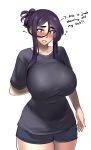  1girl arm_behind_back baggy_clothes black_shirt blue_shorts blush breasts curvy english_commentary hair_between_eyes hair_up highres large_breasts looking_down original pajamas_challenge parted_lips purple_eyes purple_hair roresu shirt shirt_pull short_shorts short_sleeves shorts sidelocks standing t-shirt thick_eyebrows thighs 