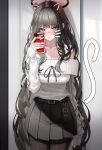  1girl absurdres alternate_costume bare_shoulders black_hair black_halo black_pantyhose black_skirt blue_archive blush breasts cellphone closed_mouth collarbone commentary_request drawn_ears drawn_tail drawn_whiskers fingernails grey_sweater halo highres holding holding_phone hsxxx large_breasts long_hair long_sleeves looking_at_viewer multicolored_halo nail_polish off-shoulder_sweater off_shoulder pantyhose phone pleated_skirt red_eyes red_halo red_nails reflection reflection_focus rio_(blue_archive) skirt solo sweater two-tone_halo very_long_hair 