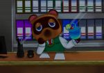  animal_crossing anthro beverage blue_eyes brown_body brown_fur canid canine cherry clothed clothing computer crossover crystalgemme cup danganronpa desk food fruit fur furniture half-closed_eyes ink lime looking_at_viewer low_res male mammal marker narrowed_eyes necktie nintendo paper pen plant procyonid raccoon raccoon_dog round_ears shirt sitting solo straw tom_nook_(animal_crossing) topwear vest video_games 
