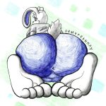 2026 4_toes anthro better_version_at_source blue_bottomwear blue_clothing blue_eyes blue_nose blue_shorts bottomwear bubble_butt bulge bulge_from_behind butt clothing feet femboy grey_clothing grey_shirt grey_topwear hi_res humanoid_feet kneeling lagomorph looking_back looking_down male mammal oeuvrebunny plantigrade rear_view scut_tail shirt short_tail shorts simple_background soles solo tail toes topwear white_body
