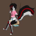  1:1 anthro barefoot biped blush bodily_fluids clothing diaper digitigrade enligh_text feces fur genital_fluids hair hi_res mammal mephitid messy_diaper scat shingekiskunk shirt side_view simple_background skunk soiling solo striped_skunk swing swinging topwear urine watersports wet_diaper wetting 