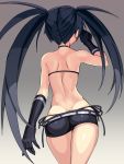  1girl ass bare_shoulders bikini_top black_gloves black_hair black_panties black_rock_shooter black_rock_shooter_(character) black_shorts butt_crack elbow_gloves from_behind gloves grey_background long_hair ninopal panties short_shorts shorts side-tie_panties simple_background solo twintails underwear uneven_twintails 