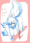  2019 4_fingers anthro asena_(full_bokko_heroes_x) asena_(fullbokko_heroes) blue_highlights blush breasts canid canine condom female fingers full_bokko_heroes_x fullbokko_heroes fur hair hair_over_eye hi_res highlights_(coloring) holding_condom holding_object looking_at_viewer mammal nude one_eye_obstructed open_mouth solo teeth tongue ukenya white_body white_fur white_hair 