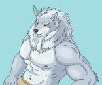  2020 5_fingers abs anthro biceps black_nose bottomwear canid canine canis clothed clothing fingers fur grey_body grey_fur humanoid_hands law_(sdorica_sunset) male mammal muscular muscular_male navel nipples pecs poti650127 sdorica sdorica_sunset topless wolf 
