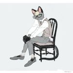  :&lt; animal_crossing anthro blonde_hair chair clothed clothing domestic_cat eyewear felid feline felis fur furniture glasses grey_body grey_fur hair heterochromia hi_res looking_at_viewer mammal mucknagabe nintendo signature simple_background sitting solo video_games 