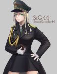  1girl absurdres blonde_hair cureeper0210 girls_frontline gloves green_eyes grey_background hat highres long_hair looking_at_viewer military military_hat military_jacket military_uniform pipe solo stg44_(girls_frontline) uniform white_gloves 