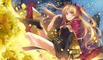  1girl asymmetrical_legwear asymmetrical_sleeves bangs between_breasts birdcage black_dress black_legwear blonde_hair blush breasts cage cape detached_collar dress earrings ereshkigal_(fate/grand_order) fate/grand_order fate_(series) field flower flower_field fur-trimmed_cape fur_trim gold_trim hagiwara_rin hoop_earrings infinity jewelry long_hair looking_at_viewer medium_breasts open_mouth parted_bangs red_cape red_eyes short_dress single_sleeve single_thighhigh sitting skull smile solo spine thighhighs tiara two_side_up 