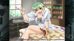  1girl 2000s_(style) anime_coloring atelier-moo blonde_hair breasts cleavage closed_mouth colored_tips crossed_legs crying dog earrings elf elle_louise game_cg green_hair hair_between_eyes hand_on_animal holding holding_syringe indoors jewelry lab_coat large_breasts multicolored_hair non-web_source official_art open_mouth pencil_skirt pointy_ears shirt short_hair sitting skirt sleeves_rolled_up syringe teeth upper_teeth_only v-shaped_eyebrows yellow_eyes yuukyuu_gensoukyoku 