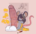 absurd_res ahoge anthro arm_tuft armwear balls black_body bodily_fluids breasts brown_hair buckteeth cheese chest_tuft clothing crotch_tuft dairy_products defunctumbra directional_arrow disembodied_penis duo elbow_gloves english_text extreme_size_difference eyebrows facial_markings felid feline female food genital_fluids genital_markings genitals gloves grey_body hair handwear head_markings hi_res inner_ear_fluff leaking_precum legwear looking_at_viewer looking_down male male/female mammal markings meru_(atinydom) mouse murid murine narrowed_eyes navel nipple_tape pasties pattern_armwear pattern_clothing pattern_elbow_gloves pattern_gloves pattern_handwear pattern_legwear pattern_thigh_highs penis penis_markings pink_background pink_tail pointy_ears precum red_eyes red_markings red_penis rodent scarf shoulder_tuft simple_background size_difference small_breasts smile smiling_at_viewer spread_legs spreading squish stripes tail tape teeth text thigh_highs thigh_squish tuft umbra_(defunctumbra) vein veiny_penis white_balls white_inner_ear_fluff