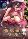 1girl aquillasnail bell black_hair christmas_tree cookie cup food fur-trimmed_headwear fur_trim glasses green_nails hair_bell hair_between_eyes hair_ornament hat heterochromia highres indie_virtual_youtuber lactation multicolored_hair nipples one_breast_out pink_eyes pink_hair pom_pom_(clothes) purple_eyes red_hat romi_chi santa_hat skirt snowman split-color_hair virtual_youtuber 