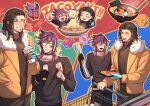  ! !! +_+ 2boys :d :t alternate_costume alternate_hairstyle aqua_eyes banzoin_hakka beard_stubble bird black_choker black_hair black_hands black_shirt black_sweater blue_hands cheese choker chopsticks closed_eyes colored_extremities cup disposable_coffee_cup disposable_cup egasumi egg_(food) face_piercing facial_hair fang fish food food_packaging fruit fur-trimmed_jacket fur_trim grin hair_down hakkito_(banzoin_hakka) halftone halftone_background happy heart highres holding holding_food holding_fruit holding_ice_cream_cone holostars holostars_english ice_cream ice_cream_cone in_bowl in_container in_food jacket josuiji_shinri koipanion_(josuiji_shinri) layered_shirt lip_piercing long_hair long_sleeves male_focus multiple_boys multiple_views noodles open_mouth orange_jacket outline piercing purple_eyes purple_hair purple_shirt ramen senza0813 shirt shopping shopping_cart smile snakebite_(piercing) soft_serve sparkle spoken_exclamation_mark spoken_heart spoken_thumbs_up spring_onion strawberry stubble sweater takoyaki takoyaki_pick thumbs_up torn_clothes torn_shirt turtleneck turtleneck_sweater virtual_youtuber yellow_outline 
