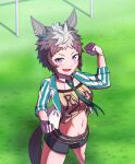  1girl absurdres animal_ears black_shorts blush bracelet breasts brown_hair brown_shirt clenched_hands commentary_request cropped_jacket flexing gloves grass green_necktie highres horse_ears horse_girl horse_tail jacket jewelry kamidan looking_at_viewer medium_breasts mejiro_ryan_(down_the_line)_(umamusume) mejiro_ryan_(umamusume) midriff multicolored_hair navel necktie open_mouth outdoors shirt shirt_under_shirt short_hair shorts smile solo striped_clothes striped_jacket studded_bracelet sweat tail tied_shirt two-tone_hair umamusume vertical-striped_clothes vertical-striped_jacket white_gloves white_hair 