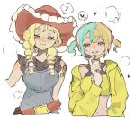  2girls aqua_hair arm_tattoo bandeau belt black_mask blonde_hair blue_eyes blue_overalls blush braid breasts canari_(pokemon) chamopichamo commentary_request cowboy_hat criss-cross_straps cropped_torso dark-skinned_female dark_skin denim denim_overalls farmer freckles gloves half-closed_eyes hat jacket kitt_(pokemon) mask mask_pull medium_breasts mega_stone mouth_mask multicolored_hair multiple_girls overall_shorts overalls pokemon pokemon_champions pokemon_legends:_z-a red_belt red_hat short_twintails split-color_hair tattoo twin_braids twintails two-tone_mask white_gloves yellow_bandeau yellow_jacket yellow_mask 