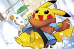  :d ariga_hitoshi blue_sky brown_scarf clothed_pokemon cloud cloudy_sky creature day full_body gen_1_pokemon happy jumping long_sleeves no_humans official_art open_mouth outdoors pikachu pokemon pokemon_(creature) pokemon_trading_card_game scarf sky smile snow snow_sculpture solo winter_clothes 